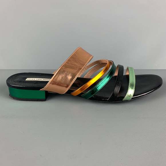 DRIES VAN NOTEN Shoes - DRIES VAN NOTEN Black, Gold &  Green Patent Leather Flat Sandals